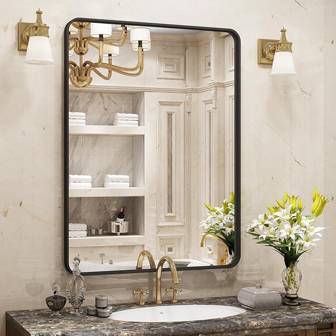 24x30 Inch Black Matte Framed Bathroom Mirror for Wall, Rounded Corner Rectangle Vanity Mirror, Tempered Glass, Anti-Rust, Shatterproof (Horizontal/Vertical)