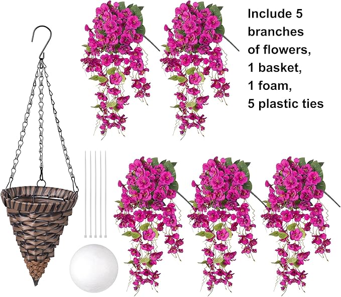 Ivydale Artificial Faux Hanging Flowers Plant Baskets for Outdoors Decoration, Fake Hibiscus UV Resistance Realistic Silk Flower for Outside Home Patio Porch Balcony Garden Wedding, Fuchsia