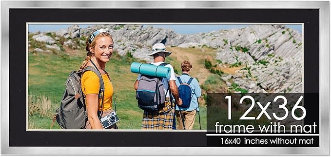 12x36 Frame with Mat - Silver 16x40 Frame Wood Made to Display Print or Poster Measuring 12 x 36 Inches with Black Photo Mat