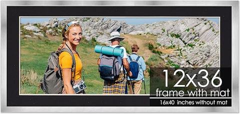 12x36 Frame with Mat - Silver 16x40 Frame Wood Made to Display Print or Poster Measuring 12 x 36 Inches with Black Photo Mat