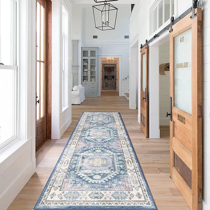 vivorug Blue Runner Rug 2'x7' Vintage Washable Non-Slip Runners for Hallways Kitchen Entryway Laundry Room Carpet Hallway Runner