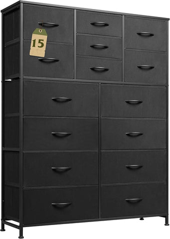 WLIVE Tall Console Table with 15 Fabric Drawers, Entryway Table with Storage, Tall Storage Organizer with Wood Top, Steel Frame for Living Room, Hallway, Office, Black
