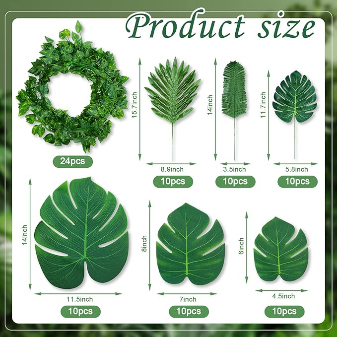 XunYee 24 Strands 165 ft Artificial Vines with Leaves Tropical Leaf Garland and 6 Style Fake Monstera Palm Leaves Decoration Faux Ivy Vines Bulk for Jungle Safari Baby Shower Plant Party Decoration