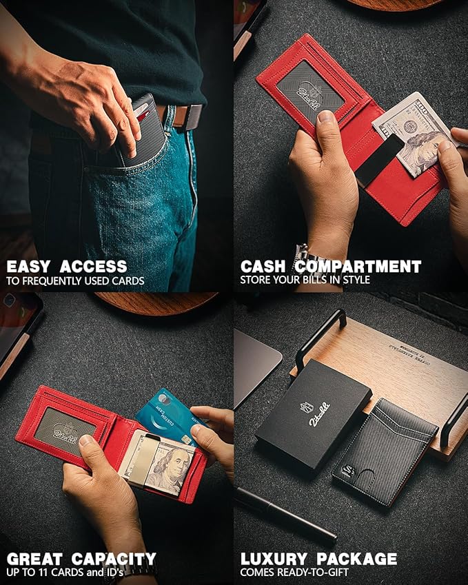 Zitahli Slim Wallet for Men Gifts 12 Card Slots ID Window With Money Clip Minimalist RFID Front Pocket Bifold Leather Small Thin Gift Box Dad Birthday Christmas Regalos Hombres