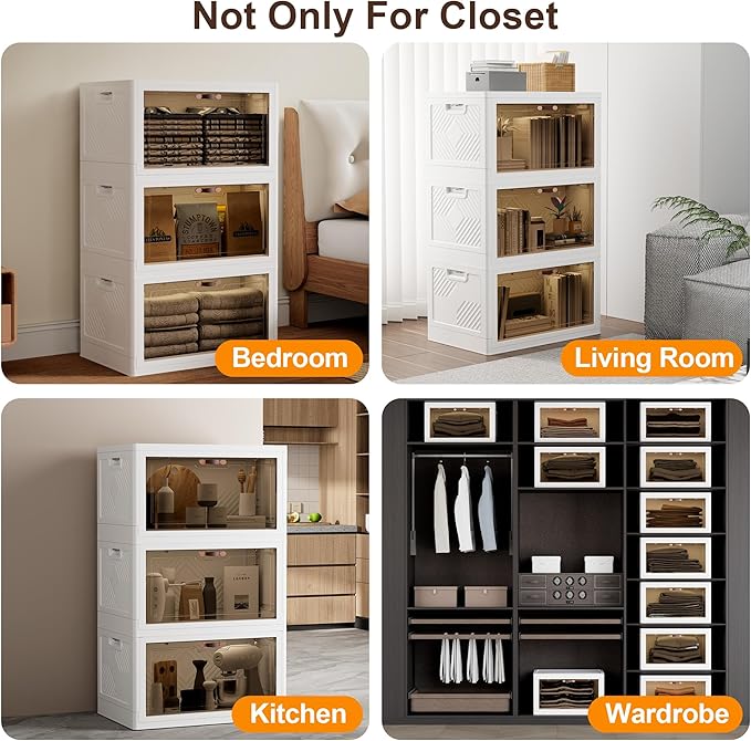 JOYMOOP Closet Organizers and Storage – 148.8 Qt Collapsible Storage Bins with Lid (3-Tier, 3 x 12.4 Gal) – for Clothes, Books & Household Items