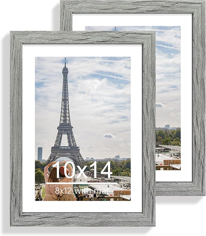10x14 Picture Frame Set of 2, Made of Glass and Rustic Grey Wooden Frame, Display 8x12 Pictures with Mat or 30 x 40cm Diamond Painting Art without Mat for Wall Mounting, Gallery Photo Frames