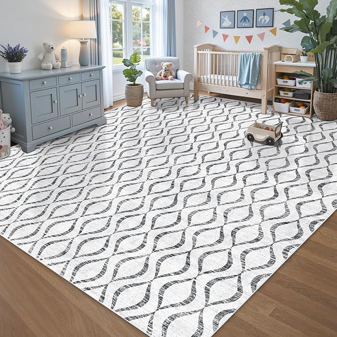 WITSHOCK 10x12 Area Rugs for Bedroom: Washable Non-Slip Soft Geometric Boho Low Pile Large Thin Indoor Rug for Living Room Dining Room, Carpet for Nursery Playroom Decor, Kid & Pet Friendly, Grey
