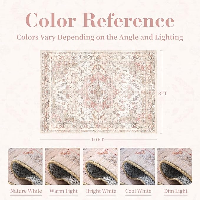 PADOOR-Vintage Area Rug 8X10 Rugs for Living Room-Soft Pink Rugs for Bedroom-Machine Washable Rug Non Slip Carpet-Rug for Dining Room Living Room Bedside Office