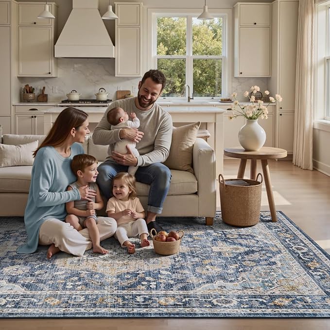 PADOOR-Vintage Area Rug 5X7 Rugs for Living Room-Soft Blue Rugs for Bedroom-Machine Washable Rugs Non Slip Carpet-Rug for Dining Room Living Room Bedside Office