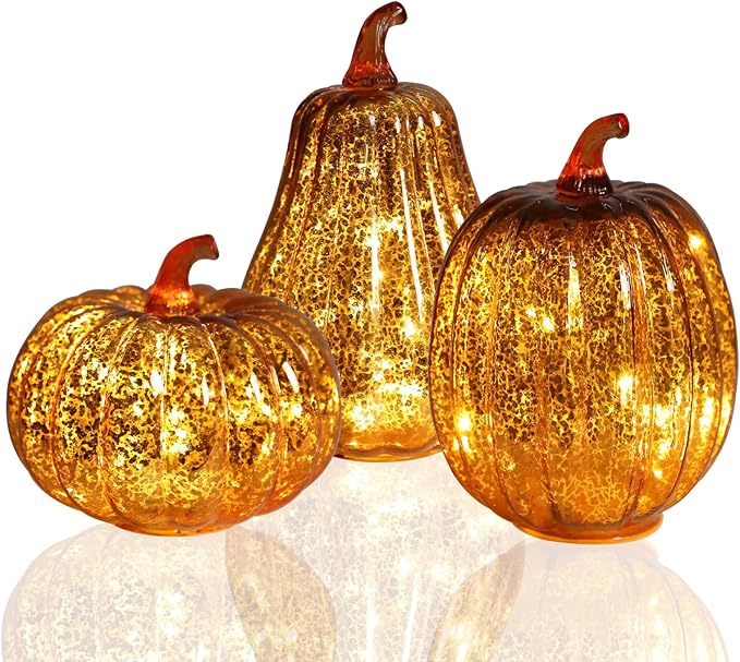 Fall Lighted Glass Pumpkins Set of 3 – Battery Operated Mercury Glass Pumpkin Decor with LED Lights, Autumn Thanksgiving Halloween Table Centerpiece Decorations for Home, Fireplace, Mantel, 8"/7"/6"