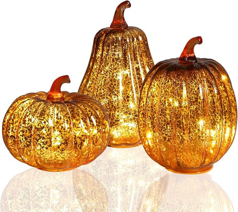Fall Lighted Glass Pumpkins Set of 3 – Battery Operated Mercury Glass Pumpkin Decor with LED Lights, Autumn Thanksgiving Halloween Table Centerpiece Decorations for Home, Fireplace, Mantel, 8"/7"/6"