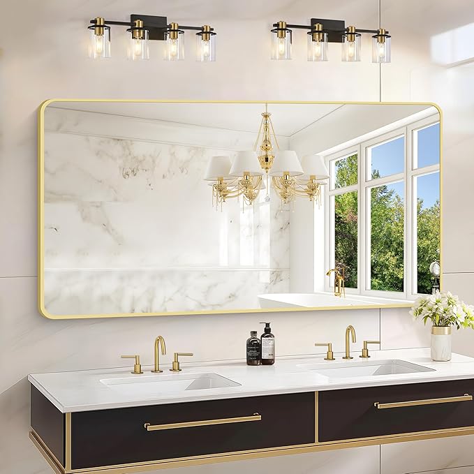 55x30 Inch Gold Bathroom Mirror, Metal Framed Gold Rectangle Mirrors, Rounded Rectangular Vanity Mirror, Large Wall Mounted Mirrors for Living Room Bedroom Entryway Hangs Horizontal or Vertical