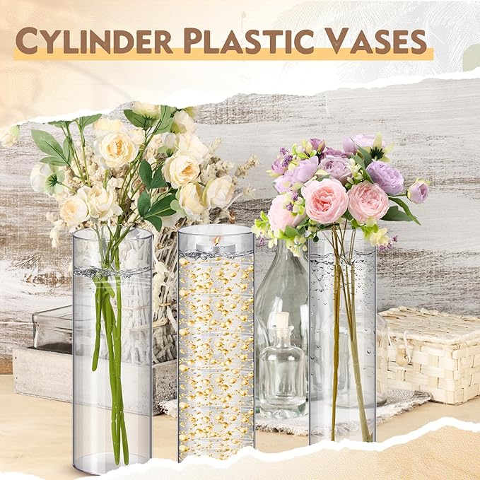 Nuogo 24 Pcs Acrylic Clear Cylinder Vase Plastic Flower Vase Unbreakable Tall for Wedding Centerpieces Party Home Plants Bouquet Decor (12 Inch)