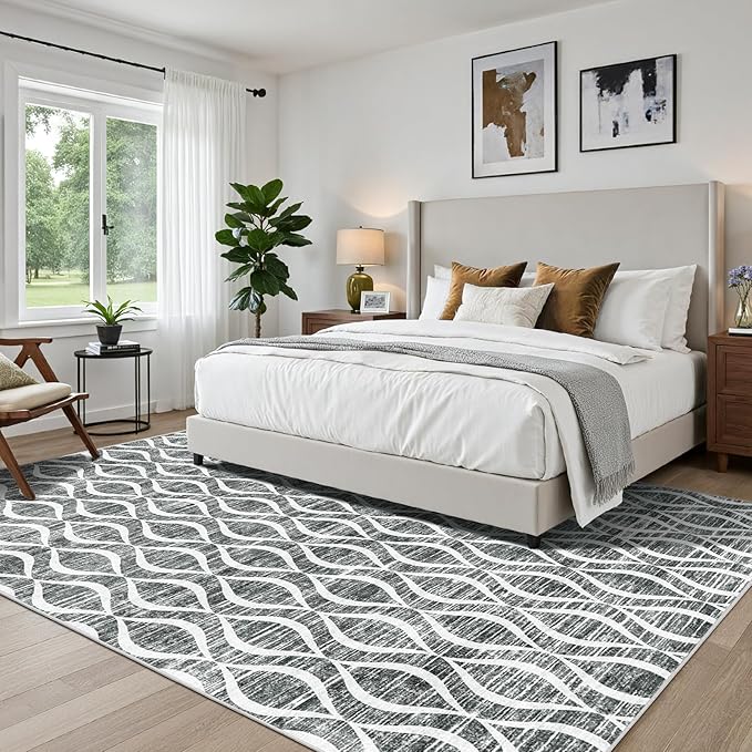 WITSHOCK 7x9 Dark Grey Living Room Rug - Washable Boho Soft Modern Geometric Low Pile Print Pattern Large Thin Indoor Rug for Bedroom Dining Room, Carpet for Nursery Playroom Decor, Eco-Friendly