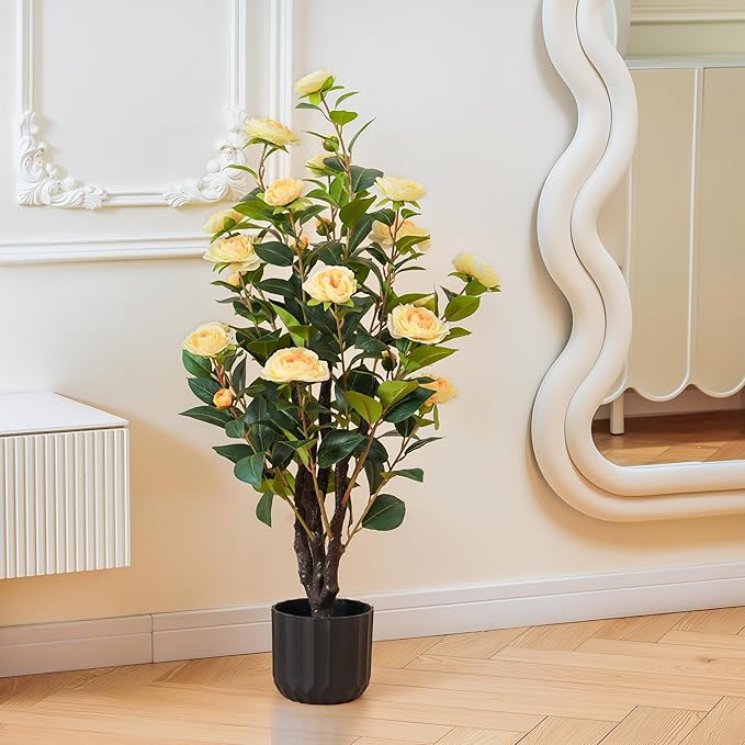 3.2FT Artificial Camellia Trees, Yellow Silk Flowers, Indoor Faux Plants with Realistic Trunk in Black Cement Pot for Home House Living Room Bedroom Office Decor, 2pcs