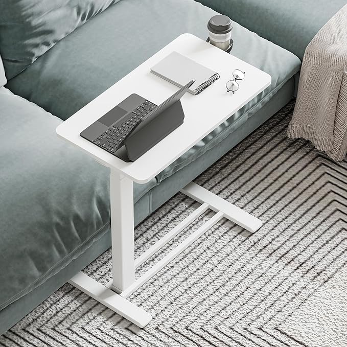 Medical Overbed Adjustable Bedside Table with Hidden Casters, Mobile Pneumatic Rolling Laptop Standing Desk with Tray for Home & Hospital Use, White Table Top + White Edging