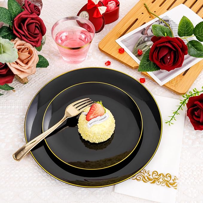 700PCS Black and Gold Disposable Dinnerware Set - Includes 100 Black Plastic Plates, 100 Dessert Plates, 100 Gold Plastic Silverware Set, 100 Cups 9 OZ, 100 Napkins Ideal for Wedding Party Birthday