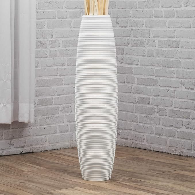 Leewadee Large White Home Decor Floor Vase – Wooden 36 inches Tall Farmhouse Decor Flower Holder for Fake Plant and Pampas Grass