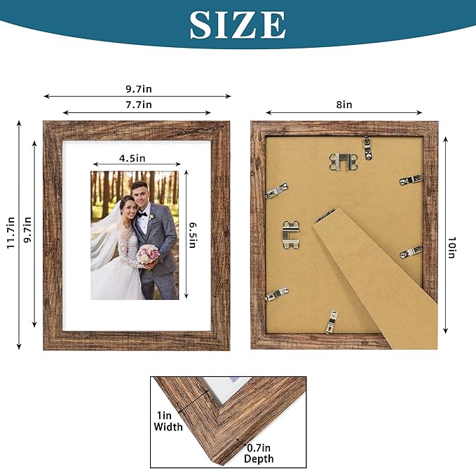 8x10 Picture Frame Set of 2, Made of Real Glass and Rustic Brown Wooden Frame - Display Picture 5x7 with Mat or 8x10 Without Mat, 8 by 10 Photo for Wall or Tabletop