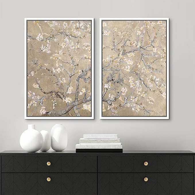MUDECOR Framed Canvas Print Wall Art Blossoming Almond Tree Elegant Floral Illustrations Modern Art Decorative Bohemian Calm/Zen for Living Room, Bedroom, Office - 24"x36"x2 White