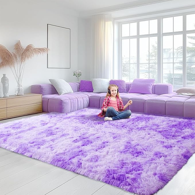 Area Rugs for Bedroom Living Room, 4x6 Soft Large Fluffy Fuzzy Shag Plush Furry Carpet, Soft Indoor Floor Mat for Kids Nursery Home Dorm Office Decor Aesthetic, Tie Dyed Purple