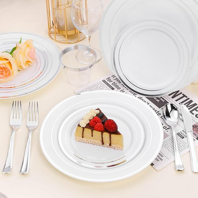 100PCS White Plastic Plates for Party, 10.25 Inch Heavy Duty Dinner Plates with Silver Rim, Disposable Plates for Wedding and Birthday