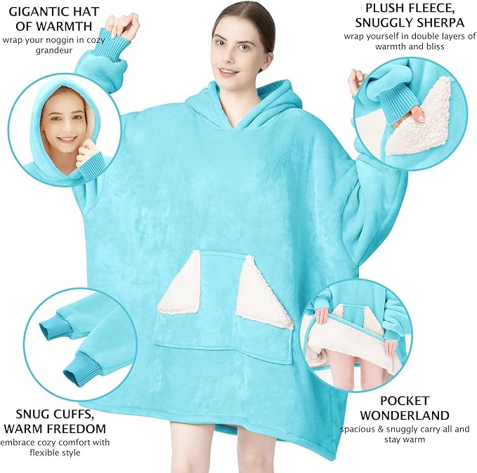 Touchat Wearable Blanket Hoodie, Oversized Sherpa Blanket Sweatshirt with Hood Pocket and Sleeves, Super Soft Warm Plush Hooded Blanket for Adult Women Men, One Size Fits All (Teal)