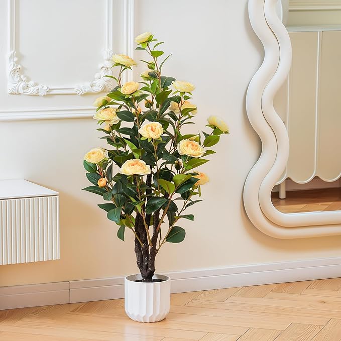 3.2FT Artificial Camellia Tree, Yellow Silk Flowers, Indoor Faux Plants with Realistic Trunk in White Cement Pot for Home House Living Room Bedroom Office Decor, 1pc