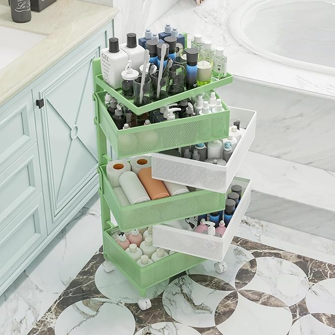 Rotating Kitchen Storage Rack No Assembly, Fruit Basket,Bathroom Storage Cart,Kitchen Organizers and Storage Cart on Rolling Wheels(Green White, 5 Tier-Square)
