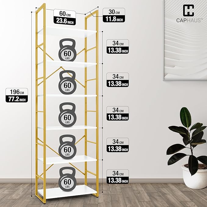 CAPHAUS 6 Tier Bookshelf, 24 Inch Width Free Standing Shelf, Bookcase Shelf Storage Organizer, Industrial Book Shelves for Home Office, Living Room, Kitchen, White Wooden Shelves & Gold Frame