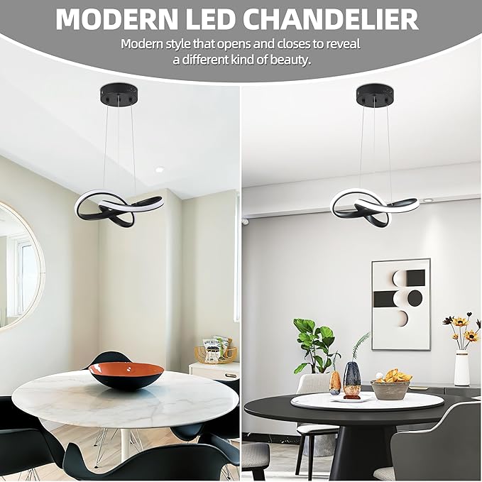LED Chandelier Modern Pendant Light Fixture Simple Irregular Streamline Ring Light Black with 4500K and 59in Height Adjustable Hanging Lamp for Kitchen Island Hallway Foyer Closet Corridor