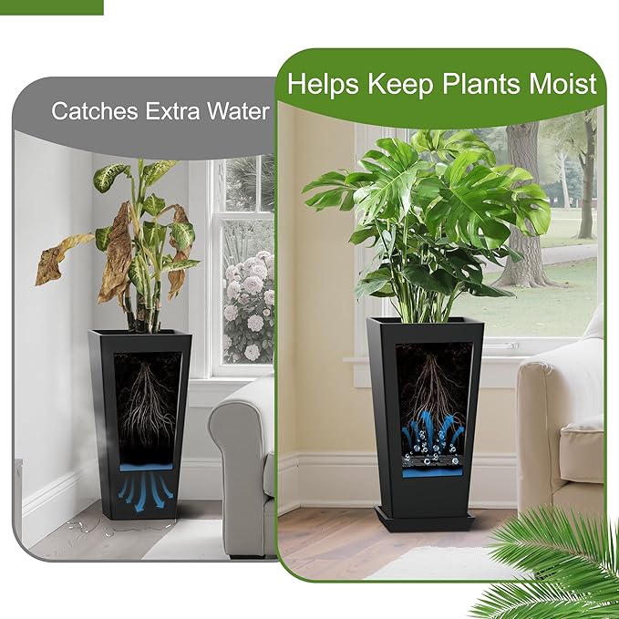 24-Inch Tall Planters Set of 2 for Outdoor and Indoor Use, Tapered Flower Pots with Drainage Tray, Front Porch and Patio Decor, Ideal for Large Plants – Black