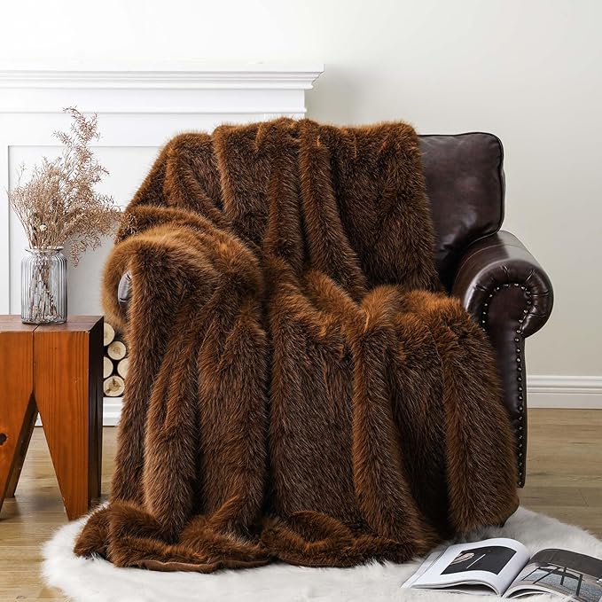 BATTILO HOME Luxury Fluffy Faux Fur Throw Blanket, Golden Brown Faux Fur Blanket for Couch, Sofa, Chair, Bed, Furry Silky Fur Throws with Long Pile, 50"x60"
