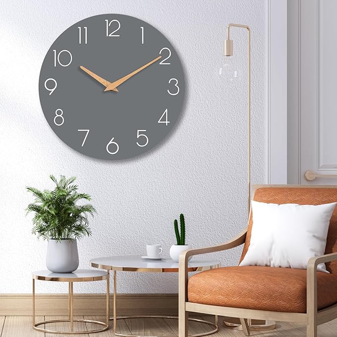 Wall Clock, 16 Inch Wooden Battery Operated Wall Clocks Silent Non-Ticking, Decorative Gray Clock for Living Room, Bedroom, Kitchen, Home, Office, School, Hotel