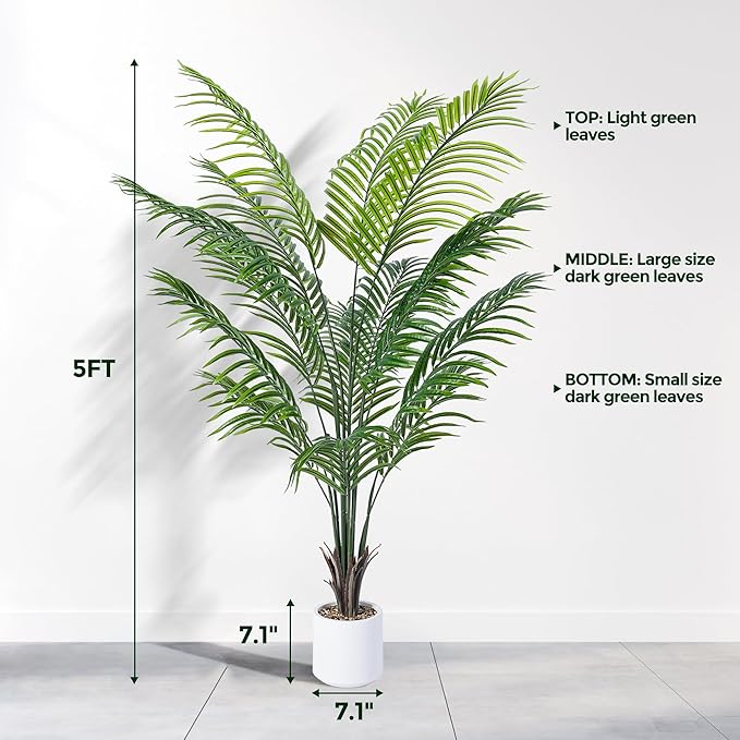 Artificial Areca Palm Tree 5FT Fake Potted Plant Faux Silk Tropical Areca Palm with 15 Trunks & Real Bark Design, Large Aritificial Plant in White Pot for Home Living Room House Warmming Floor Decor