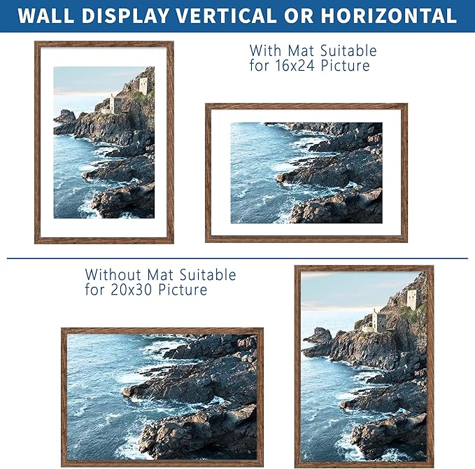 20x30 Frame Set of 2, Rustic Brown Wood Style - Display 16x24 Picture with Mat or 20 x 30 Poster without Mat, Wall Mounting Horizontal and Vertical