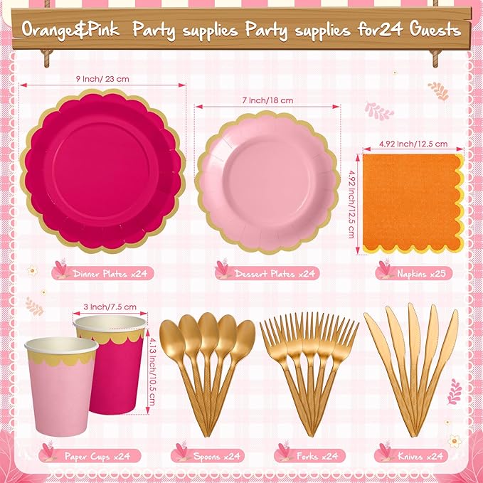 169 Pcs Pink and Orange Plates and Napkins Party Supplies for Guests Hot Pink Orange Tableware Include Scalloped Plates Paper Napkin Cup Spoon Fork Knife for Baby Shower, Wedding, Birthday