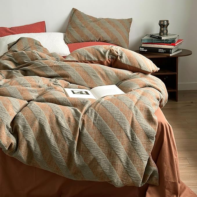 VM VOUGEMARKET Green Striped Duvet Cover Queen Linen Cotton Bedding Set Jacquard Brown Diagonal Stripes Duvet Cover Set Without Filling 90x90 Inch