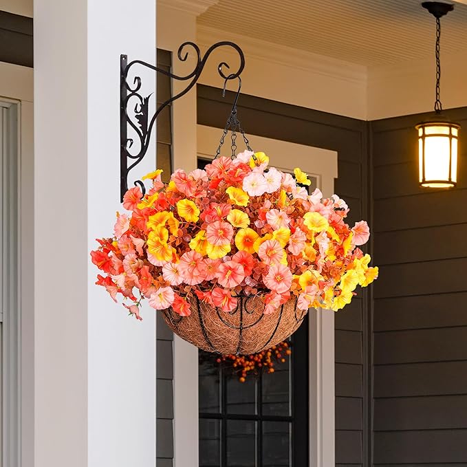 Artificial Fake Hanging Flowers with Basket for Fall Decoration, 12 Bundles Faux Silk Morning Glory Plants for Outdoor Planters, Realistic UV Resistant Artificial Flowers for Outside Porch Garden
