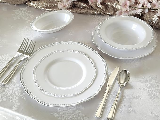 " OCCASIONS " 240 Plates Pack,(120 Guests) Heavyweight Premium Disposable Plastic Plates Set -120 x 10.25'' Dinner + 120 x 7.5'' Salad/Dessert (Rochelle White and Silver)