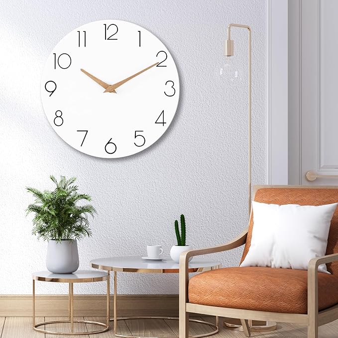 Wall Clock, 16 Inch Wooden Battery Operated Wall Clocks Silent Non-Ticking, Decorative White Clock for Living Room, Bedroom, Kitchen, Home, Office, School, Hotel