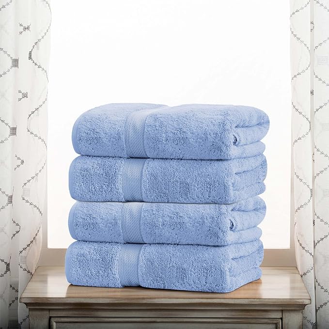 BNM Egyptian Cotton Heavyweight Towels, Ideal For Bathroom, Shower, Spa, 800 GSM Bath Towels, Highly-Absorbent, Luxury Bathroom Essentials, Soft Plush Home Basics, Bath Towel Set of 4, Light Blue