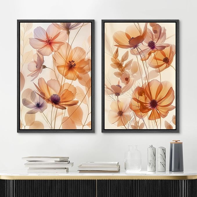 MUDECOR Framed Canvas Print Wall Art Orange Purple Wildflower Botanical Illustrations Modern Art Decorative Bohemian Colorful Chic for Living Room, Bedroom, Office - 24"x36"x2 Black