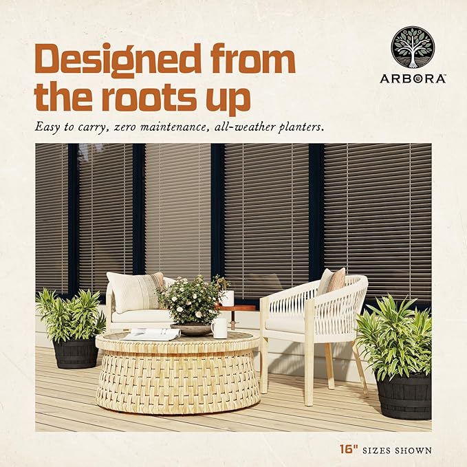 ARBORA 16" Whiskey Barrel Polyresin Indoor and Outdoor Planter with Textured Wood Finish - Durable, Weatherproof, Lightweight, Large Plant Pot for Patio, Garden, Deck, Entryway