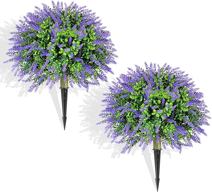 20" Artificial Lavender Boxwood Topiary Ball Trees for Outdoors with Ground Spike,Set of 2 UV Resistant Artificial Shrub Bushes,Artificial Plants,Fake Plants for Front Porch ,Garden,Yard,Patio Décor