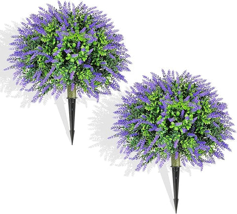 20" Artificial Lavender Boxwood Topiary Ball Trees for Outdoors with Ground Spike,Set of 2 UV Resistant Artificial Shrub Bushes,Artificial Plants,Fake Plants for Front Porch ,Garden,Yard,Patio Décor