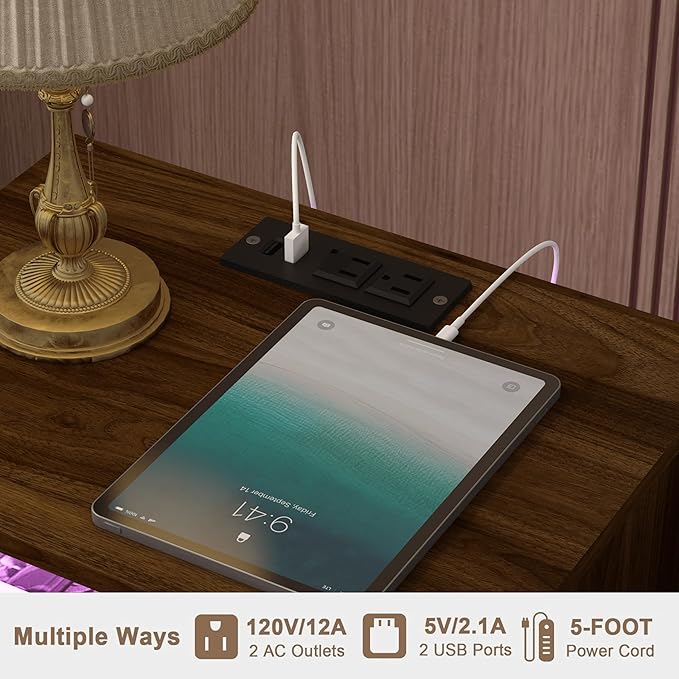 Nightstand with Outlet and Led Light, Bedside Table with Storage Drawer, Fluted Side Table for Living Room, Bedroom