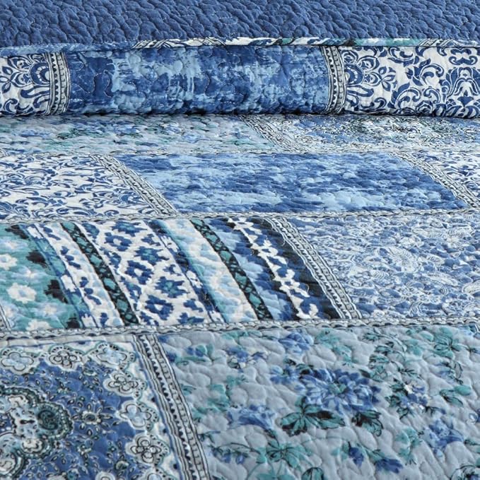 NEWLAKE Quilted Throw Blanket for Bed Couch Sofa, Blue Classic Bohemian, 60X78 Inch