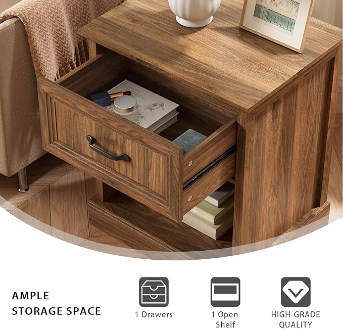CARPETNAL 20" Farmhouse Nightstand, End Table with Large Drawers & Open Storage, Side Table, Bedside Cabinet for Bedroom, Living Room, Walnut