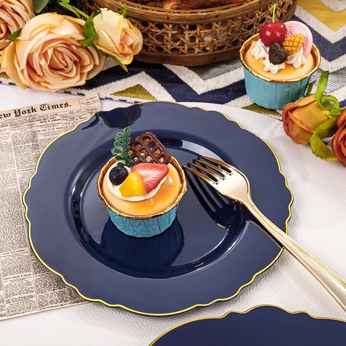 WDF 100pcs Blue Plastic Plates - Baroque Blue&Gold Disposable Plates for Parties/Wedding-50Plastic Dinner Plates 10.25in, 50Salad Plates 7.5in